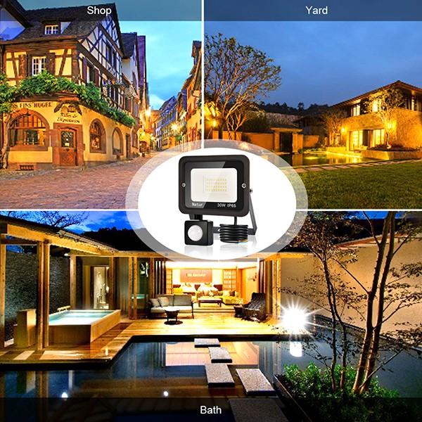 bapro 30W Security Lights with Motion Sensor,Led Floodlight Super Bright, Garden Lights Warm White(3000K), IP65 Waterproof Perfect for Garage, Garden and Forecourt[Energy Class A++]